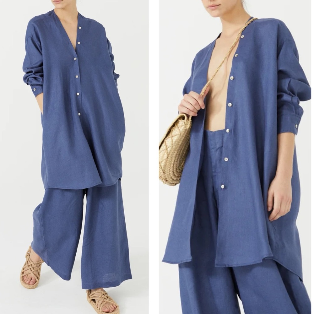 Lanhtropy NWT Exuma Blue 100% Organic Linen She’ll Button‎ Down Shirt Dress S/M